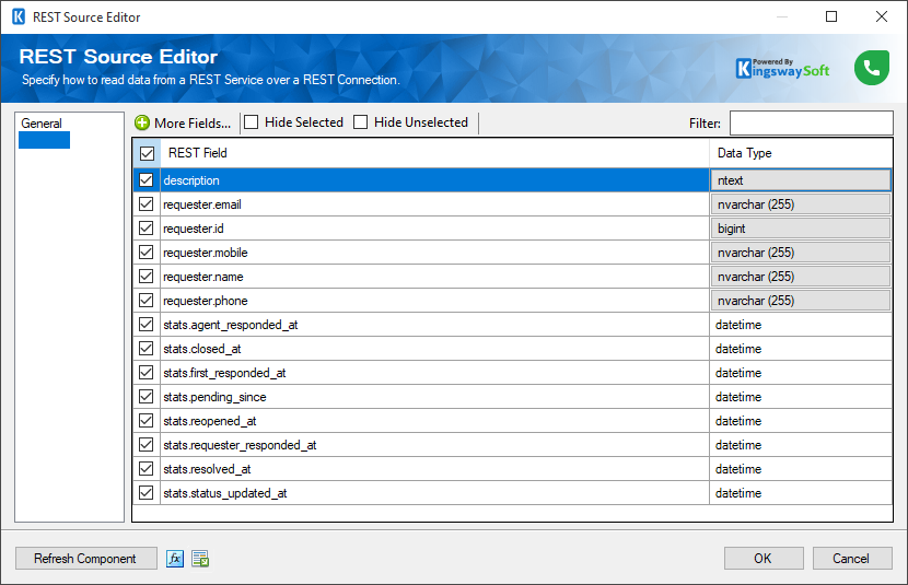 SSIS Freshdesk REST Source - Columns